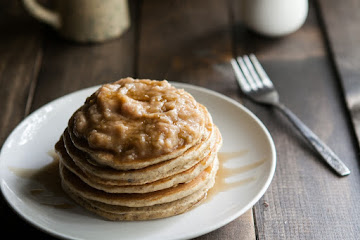 Hazelnut Pancakes with Roasted Rhubarb Cardamom Compote