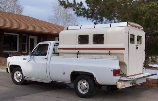 Teal Camper prototype on older pickup