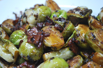 Pan Roasted Brussel Sprouts with Bacon, Shallot, And Balsamic Vinegar