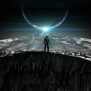 Illustration by Jamie Tufrey accompanying the original publication in Cosmos magazine of short story Titans of Camp Four by Brian Trent. Image shows a man in space suite at the lip of a lunar crater, with the crescent of earth seen in the background.