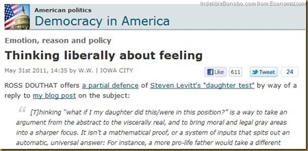 ROSS DOUTHAT offers a partial defence of Steven Levitt's "daughter test" by way of a reply to my blog post on the subject: