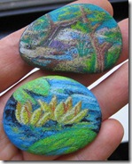 smooth beach rocks with trees and creek landscape, and floating yellow water lilies smooth beach rocks with trees and creek landscape, and floating yellow water lilies