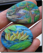 smooth beach rocks with trees and creek landscape, and floating yellow water lilies