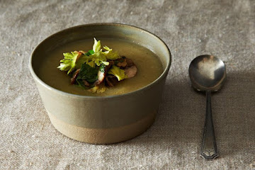 Celeriac and Potato Soup with Mushroom, Walnut, and Celery Leaf Salad