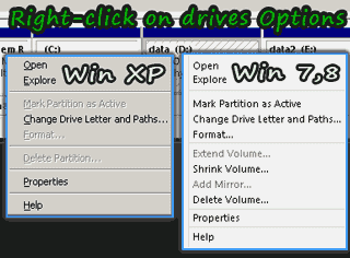 Right click of Disk  Management on Windows XP and Windows8