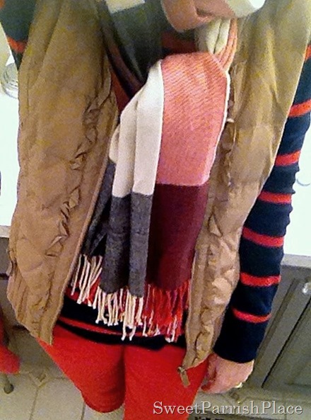 puffer vest with orange corduroys, stripes and plaid2