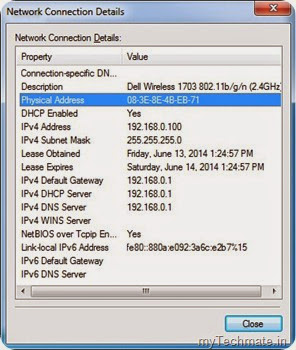MAC Address displayed in POPUP window