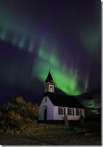 Iceland church under Northern Lights
