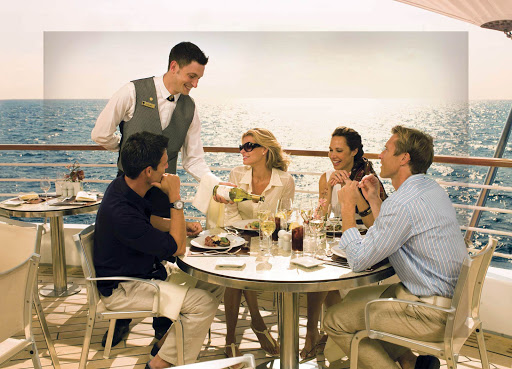 Wine and dine al fresco at the Veranda Cafe, aboard the Seabourn Legend, served by seasoned wait staff.