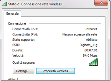 Stato di Connessione rete wireless Proprietà wireless Stato di Connessione rete wireless Proprietà wireless