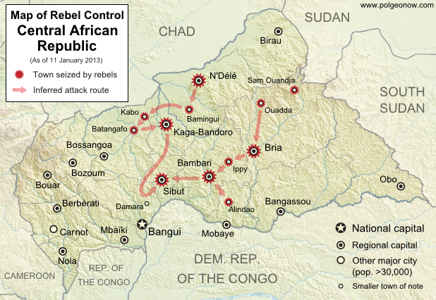 Map of 2012-2013 rebellion in the Central African Republic, showing current rebel control as of January 11, 2013