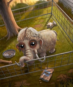 Illustration by Scott Musgrove accompanying the original publication in The New Yorker magazine of short story Shirley Temple Three by Thomas Pierce. Image shows the dwarf mammoth, brought to life out of its time, in its pen.