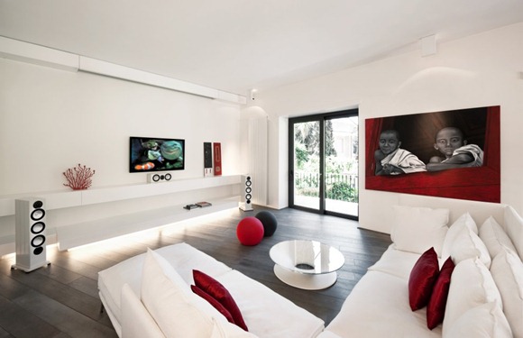 salon moderno en rojo y blanco 