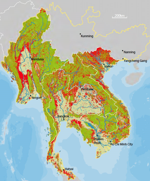 Forest area has been reduced from approximately 140 million hectares (73% of land area) in 1973 to under 100 million hectares (51%) in 2009 (green color), a 31% decrease (in red). Graphic: WWF-Greater Mekong Programme based on multiple datasets