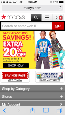 Screenshot of www.macys.com with iPhone