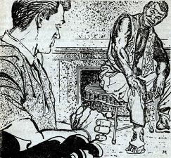 One of the illustrations by Martinez accompanying the reprinting in the British edition of Astounding Science Fiction magazine of short story The Man On the Bottom by Dean McLaughlin. Picture shows leaders of two undersea domes of warring nations conferring.