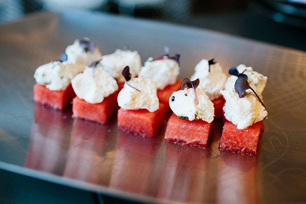 Watermelon and Persian Feta Cubes, prepared by Foodish with ingredients sourced from Fyshwick Fresh Food Markets. Served on the Griffin Blueprint Dish by MAKEOUT Design. HerCanberraDinner048.jpg