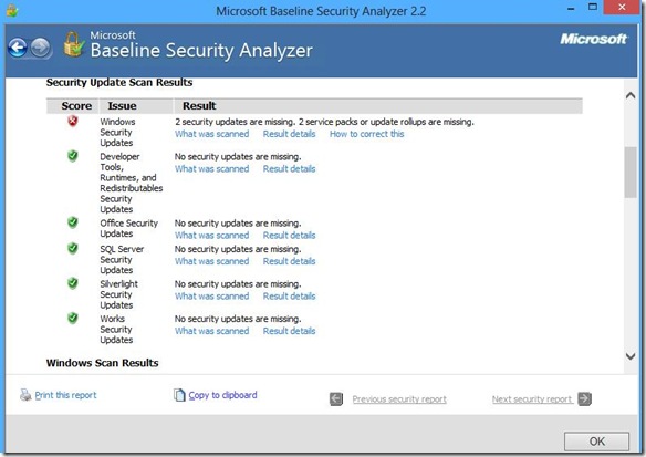 Microsoft Baseline Security Analyzer risultato scansione