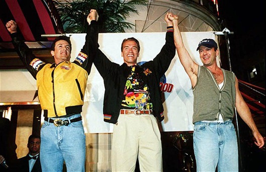 Opening of Planet Hollywood Restaurant, London, Britain - 1993...Manadatory Credit: Photo by RICHARD YOUNG / Rex Features (215132a)<br /> SYLVESTER STALLONE,ARNOLD SCHWARZENEGGER AND BRUCE WILLIS AT THE LAUNCH OF 'PLANET HOLLYWOOD RESTAURANT CHAIN.<br /> Opening of Planet Hollywood Restaurant, London, Britain - 1993<br /> <br />