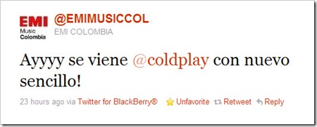 Twitter - @EMI COLOMBIA- Ayyyy se viene @coldplay con nuevo sencillo!