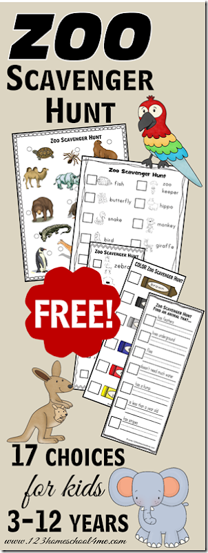 FREE Zoo Scavenger Hunt Sheets - 17 choices for Toddler, Preschool, Kindergarten, and Homeschool Elementary Kids. Perfect for fieldtrips! #science #preschool #zoo
