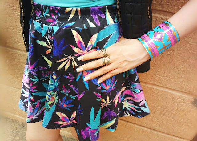Chicnova Leaf Print Skater Skirt, H&M Leaf Ring,Cuff Bracelet