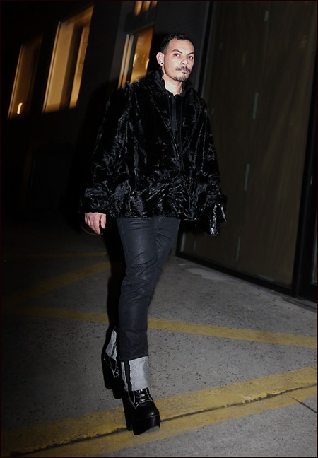 4 m all black fur jacket high rolled cuff jeans platform boots  ol