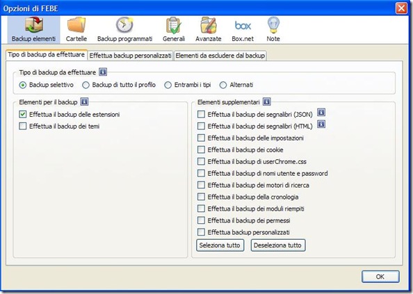 Opzioni FEBE per fare il backup del browser o singoli elementi