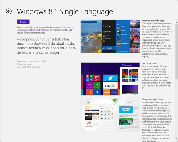 Clique em Baixar para fazer o download do Windows 8.1
