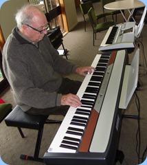 George Watt sampling the Korg SP250 digital piano of Peter Brophy.