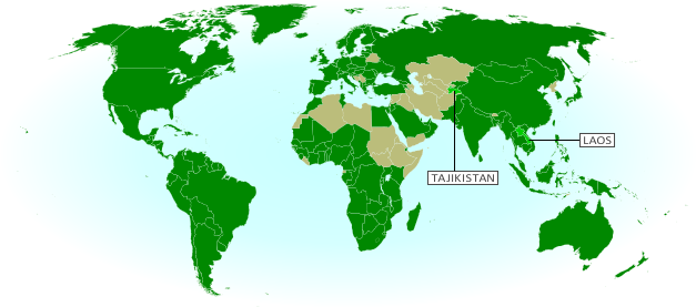 Click to Enlarge Map of World Trade Organization (WTO) member countries, updated for March 2013 to include new members Laos and Tajikistan