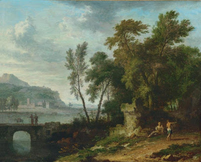  Landscape with Figures, Ruins, and Bridge. Oil on wood, 1709-30