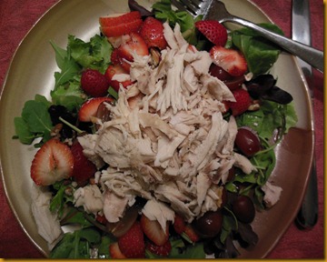 Leftover roasted chicken, pecans, strawberries and grapes Wild Field Greens with homemade vinaigrette
