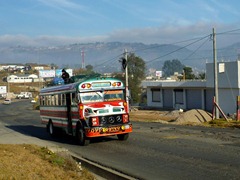 Chicken bus near Cuatro Caminos, Guatemala.  Note the jockey on the roof!