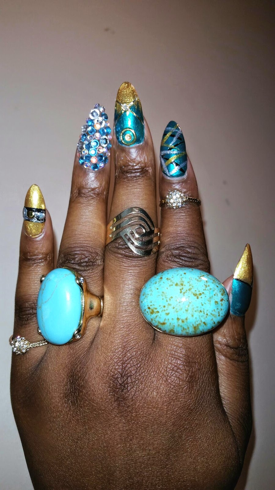 Knail Kandy Art Blue silver and gold junky studded nails