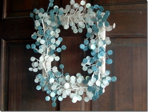 Winter wreath--square frame turned into wreath with blue and white glittered stems