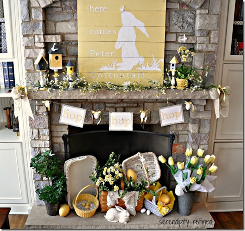 Spring Peter Cotton Tail bunny pallet reclaimed wood bird house mantel decor yellow flowers baskets butterflies 18