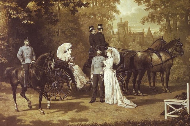 Rudolf y Stephanie compartiendo un paseo por los famosos bosques de Viena junto a los emperadores, Franz Joseph y Elisabeth.