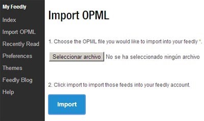 Importar marcadores de Google Reader - Opción Import OPML Feedly