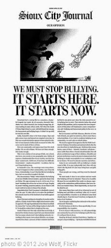 'Bullying:  It Stops With All of Us.  Front Page of the 04.22.12 Sioux City (IA) Journal' photo (c) 2012, Joe Wolf - license: http://creativecommons.org/licenses/by-nd/2.0/
