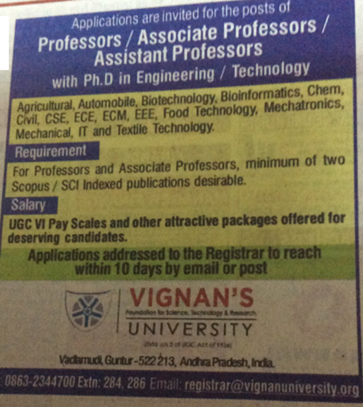 Vignan Guntur Biotech/Bioinformatics Faculty Jobs 2014 September