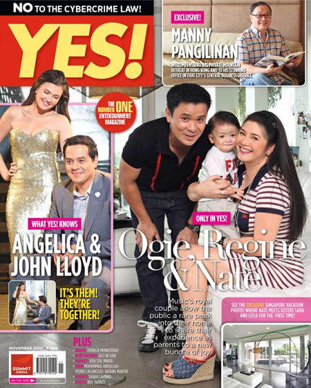 Angelica Panganiban and John Lloyd Cruz; Ogie Alcasid, Regine Velasquez and their son Nate; and Manny Pangilinan on Yes! Nov 2012 cover