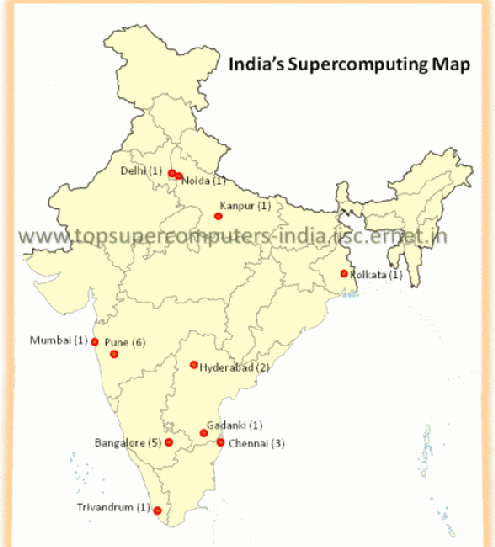 Map depicting the Geographical locations of Supercomputers located in India