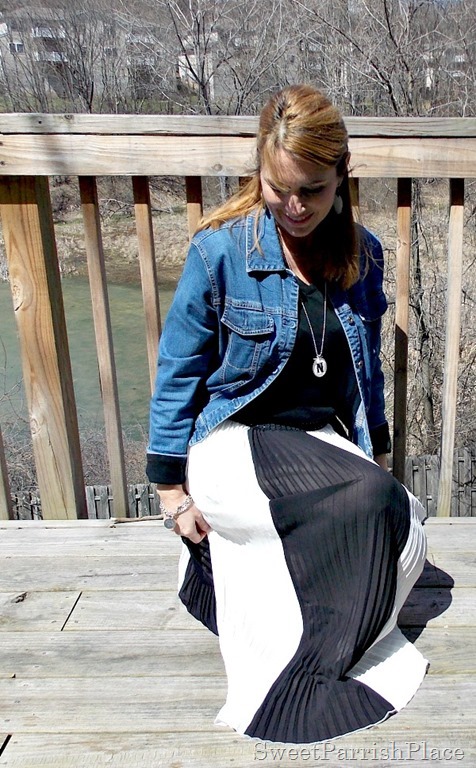 black and white striped maxi skirt, black shirt, Denim jacket, zebra flats4