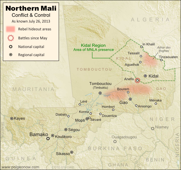 Updated map of fighting and territorial control in Mali during the 2013 French and African intervention against Islamist rebel groups MUJAO, Ansar Dine, and Al Qaeda in the Islamic Maghreb (AQIM). Reflects the situation as of July 27, 2013, including the Kidal region claimed by the Tuareg rebels of the National Movement for the Liberation of Azawad (MNLA).