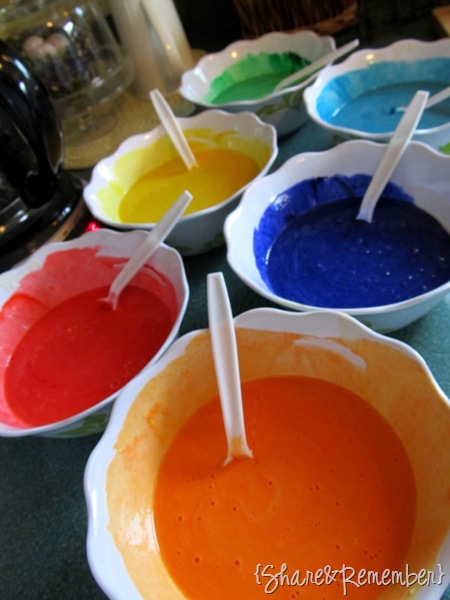 Make colorful pancake batter to make Rainbow Waffles with food coloring