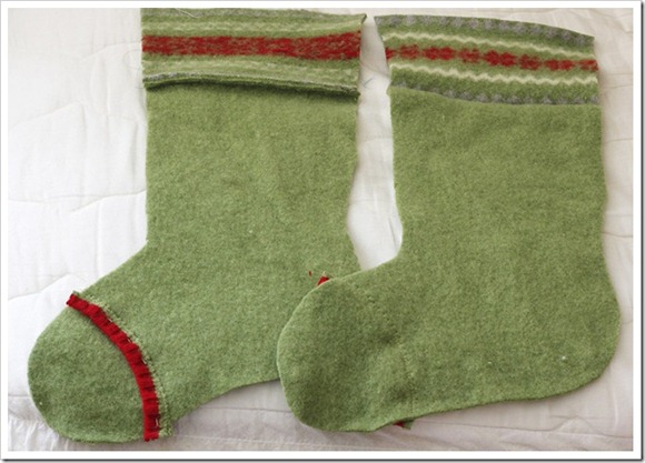 stocking made from green wool felted sweater