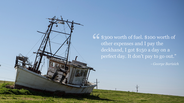 An abandoned fishing trawler aground on the grass in Louisiana. The fishing and shellfish industries in Louisiana have collapsed after the BP Deepwater Horizon oil spill. Photo: CNN