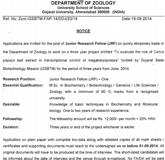 Gujarat University Biochemistry/Molecular Biology JRF Vacancy