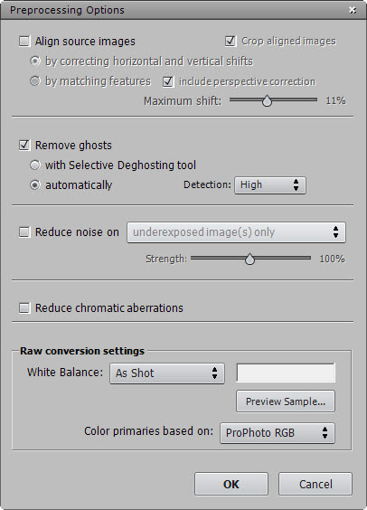 Photomatix Prerocessing Options Dialog (Only ghosting support)